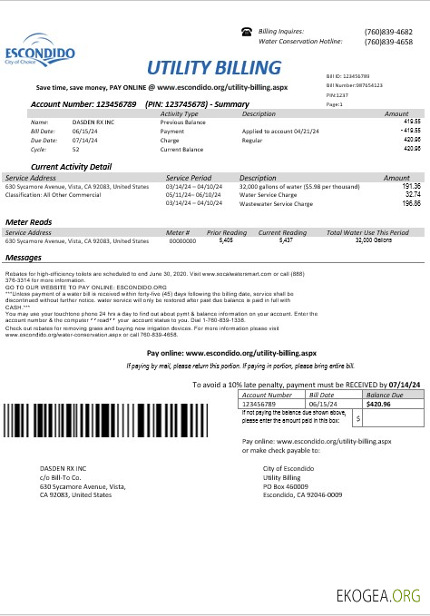 Modèle de facture de services publics d'entreprise USA California Escondido City of Choice aux formats Word et PDF
